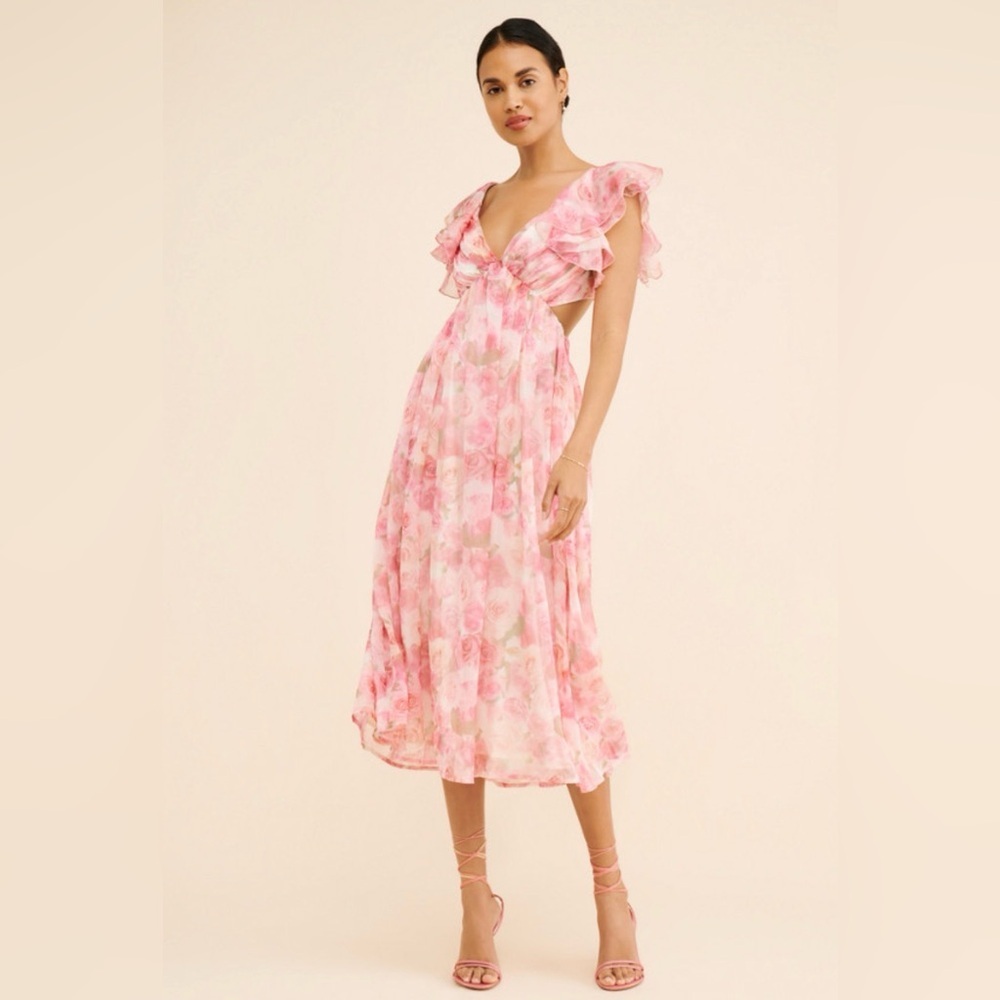 Rachel Parcell Pink Chiffon Ruffle Midi Dress Size 10 Floral - Picture 2 of 8